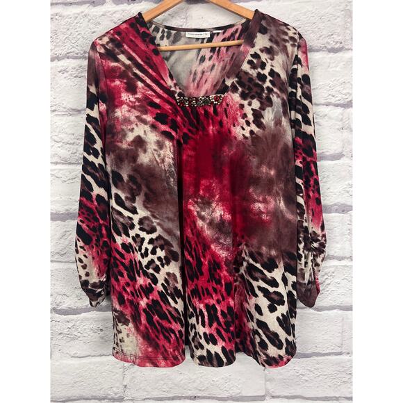 Susan Graver Women's L Leopard Animal Print Embellished‎ V-Neck 3/4 Sleeve Top - Picture 2 of 12